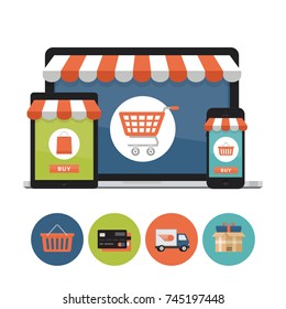 Online Shopping Concept. Laptop, Tablet, Phone Screen With Screen Buy. Shopping Icons. Flat Style, Vector Illustration.