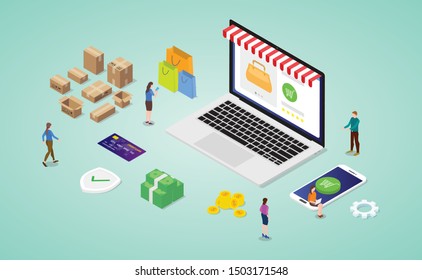online shopping concept with laptop website store with payment money and shipping method with modern isometric style - vector