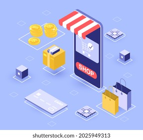 Online shopping concept. Large phone with application for ordering goods and products. Payment by credit card and electronic commerce. Isometric vector illustration isolated on blue background