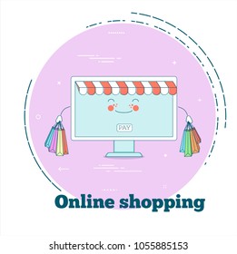 Online shopping concept in line art style. Banking and finance, ecommerce service, business technology, retail and distribution. Computer monitor with shopping bags character vector illustration