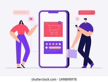Online shopping concept with male and female modern characters. Man and woman buying goods in mobile application, ecommerce. Flat vector illustration. Use in web project and applications.