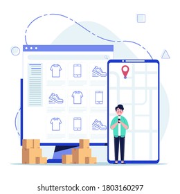 Online shopping concept. Man buy things in the online store. Shopping on social networks through computer. Flat design vector illustration