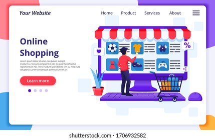 Online shopping concept, A man chooses and buys products in the online store. Modern flat web page design template for website and mobile development. Vector illustration