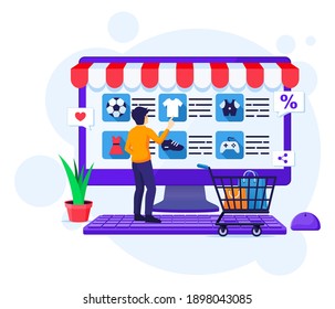 Online shopping concept, A man chooses and buys products in the online store flat vector illustration