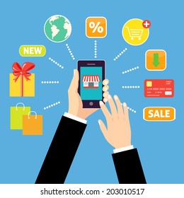 Online shopping concept with man holding smartphone and e-commerce icons vector illustration