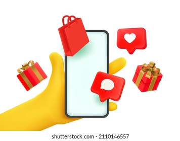Online shopping concept. Man holding smartphone with mobile app. 3d vector illustration


