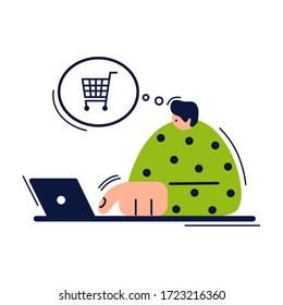 Concepto de compras en línea. Hombre haciendo el pedido de entrega con una laptop en el sitio web de la tienda en línea desde casa. Ilustración vectorial plana.