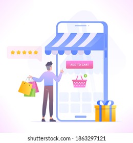 Online shopping concept. Man ordering with mobile shopping app, buying from online store through smartphone, vector illustration