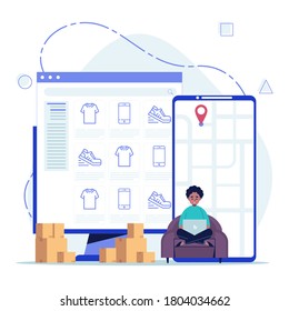 Online shopping concept. Man sitting hold on laptop buy things in the online store. Shopping on social networks through computer. Flat design vector illustration