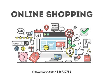 Online shopping concept with many colorful icons as target, price tag, piggy bank and more. Idea of discount, sale and e-commerce. White background.