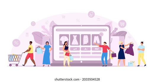 Online shopping concept. Marketing, happy consumer. Flat e-commerce, people with purchase bags order and buy in fashion store utter vector scene