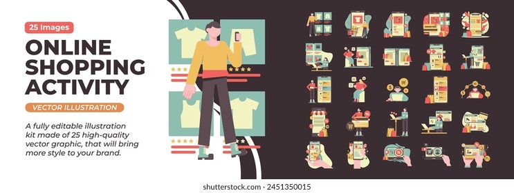 Online Shopping Konzept. Mega-Paket. Kollektion Szenen von Online, Einkaufen, Mobile, Marketing, Anwendung, geschäftliche Aktivität. Vektorillustration