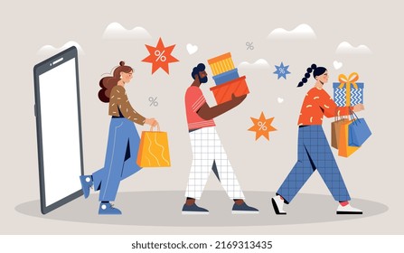 Online shopping concept. Men and girls with boxes at smartphone. Cashless transfer and payment. Advertising poster or banner for website, discounts and promotions. Cartoon flat vector illustration