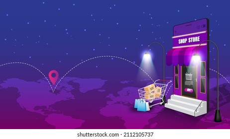 Online shopping concept. Midnight sale . Mobile phone with parcel box in the cart and shopping bag on the application for shopping.