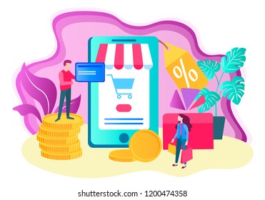 Online shopping concept, mobile application for online store, discount and gifts for customers. Vector illustration for web design, advertising posters, presentations, blogging.