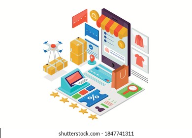 Online Shopping Concept. Mobile Application, Shopping Items, Credit Cards and discount coupons.Vector Isometric Illustration.