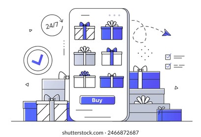 Online shopping concept. Mobile application with presents and gift boxes. Prize and special offers for regular customers and clients. Commerce and marketing. Linear flat vector illustration