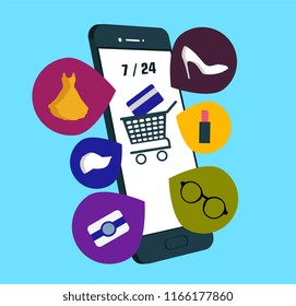 Online shopping concept with mobile. E-commerce concept minimal design. Shopping Online Mobile Phone VECTOR