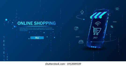 Online shopping.The concept of mobile marketing and e-commerce.  Dark blue background. Online shopping, online store, e-commerce concept. Online shopping on application and website concept.