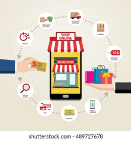 Online shopping concept. Mobile payments. vector illustration. Can be used for workflow layout template, banner, marketing, infographics.