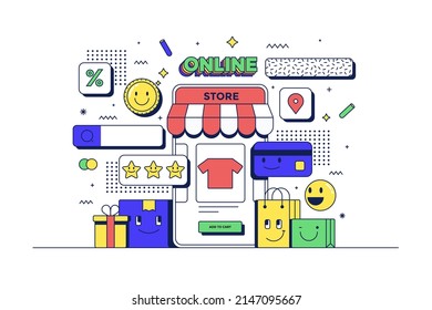 Online Shopping concept. Mobile phone, Shopping app and related icons. Flat line 90s cartoon style. Vector illustration