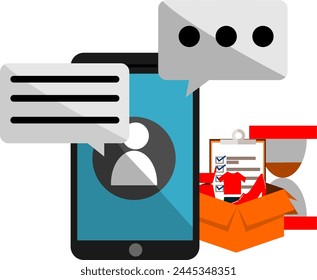 Online shopping concept. Mobile phone screen with user icons. Cardboard box contains several shopping icons. Hourglass icon. Flat style, vector illustration.