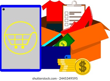 Online shopping concept. Mobile phone screen with basket icon. Carton box contains several shopping icons. purchase illustration Flat style, vector illustration.