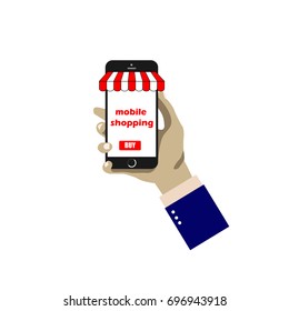 Online shopping concept. Mobile shopping store in hand holding. Digital online marketing and easy buying with one hand. Non-cash online shopping business.