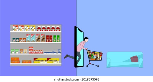 Concepto de compra en línea para sitio web móvil. Hombre haciendo tiendas por teléfono. Fácil de comprar y fácil pago 