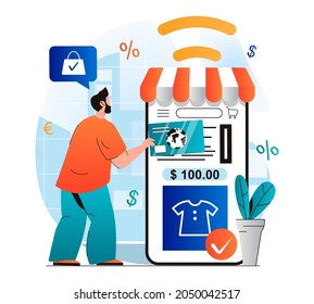 Online shopping concept in modern flat design. Man pays check for purchases in mobile application. Profitable purchasing and savings money for Internet users at store website. Vector illustration