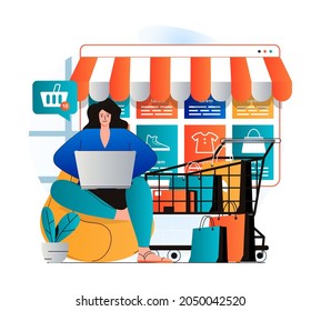 Online shopping concept in modern flat design. Woman chooses clothes and other goods using laptop, orders and pays for purchases on store website. Smart shopping and e-commerce. Vector illustration