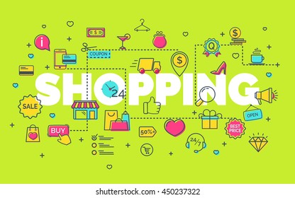 On-line shopping concept with modern thin line icons on green background. Creative idea concept. Art style design for business idea, website banner. Vector Illustration
