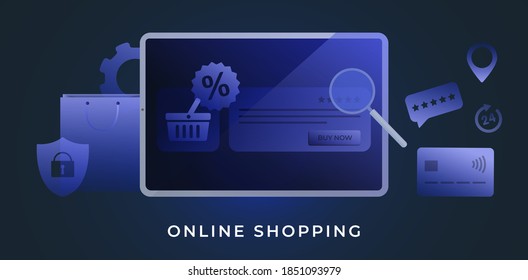 Online-Shopping-Konzept mit Tablet PC in gedämpften, tiefblauen Tönen. E-Commerce-Internet-Shop, Webshop mit Kassenartikeln zum Verkauf, Bankkartenzahlung, Lieferservice, Feedback und Shopping-Taschen Symbole.