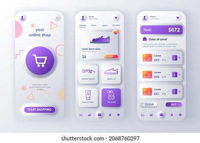 Online shopping concept neumorphic templates set. Store website with products, marketplace at mobile platform. UI, UX, GUI screens for responsive mobile app. Vector design kit in neumorphism style