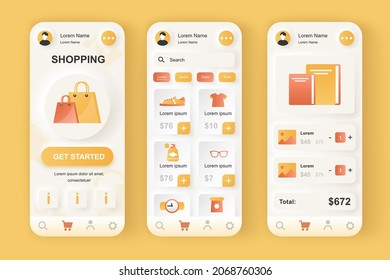 Online shopping concept neumorphic templates set. Purchase of clothes, shoes and books in smartphone application. UI, UX, GUI screens for responsive mobile app. Vector design kit in neumorphism style