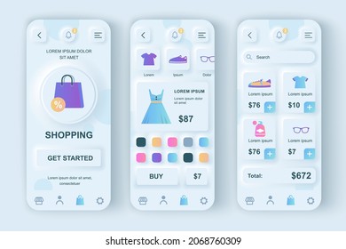 Online shopping concept neumorphic templates set. Clothes and shoes store web page, purchase of goods, payment. UI, UX, GUI screens for responsive mobile app. Vector design kit in neumorphism style