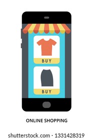Online Shopping concept on black smartphone with different user interface elements, flat vector illustration