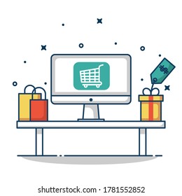 concepto de compra en línea en computadoras, e-shopping y comercio electrónico, tienda digital en línea con carrito de compras y artículos, ilustración gráfica de vector plano.