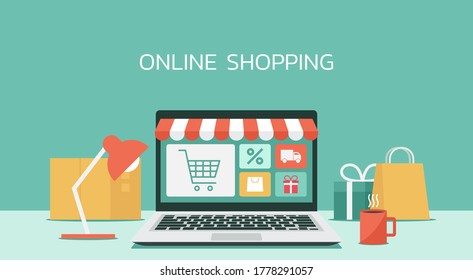 online shopping concept on laptop computer, e-shopping and e-commerce, digital store with goods, flat vector graphic illustration