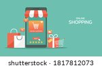 online shopping concept on mobile application, e-commerce and digital marketing promotions on smartphone with shopping bag and gift box, web and banner, flat vector illustration