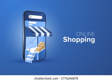 Online shopping concept on mobile marketing application or web on blue background