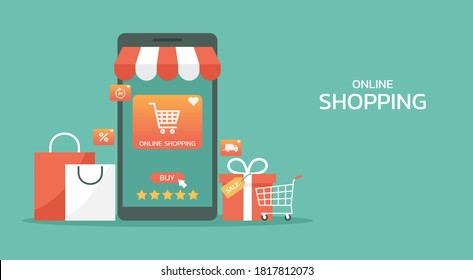 online shopping concept on mobile application, e-commerce and digital marketing promotions on smartphone with shopping bag and gift box, web and banner, flat vector illustration