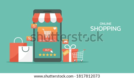 online shopping concept on mobile application, e-commerce and digital marketing promotions on smartphone with shopping bag and gift box, web and banner, flat vector illustration