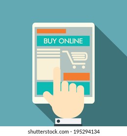 Online shopping concept on modern technology devices with responsive flat web design. Eps10 vector illustration.
