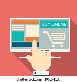 Online shopping concept on modern technology devices with responsive flat web design. Eps10 vector illustration.