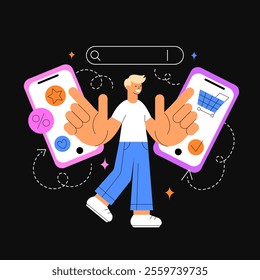 Online shopping concept on smartphone. Man buys in online store with discounts via mobile. Flat vector illustration on dark background