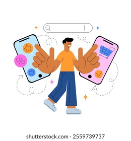 Online shopping concept on smartphone. Man buys in online store with discounts via mobile. Flat vector illustration