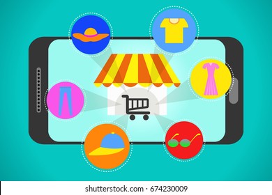 Online shopping concept on smartphone and e-commerce icons vector illustration