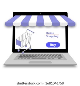 Online shopping concept on store laptop.Vector computer notebook and cart icon modern style on white background.