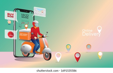 Online Shopping Concept, on Website or Mobile phone Application ,Marketing and Digital marketing. stay at home and using smartphone, fast delivery. Vector for Design illustration 24-hour shopping 